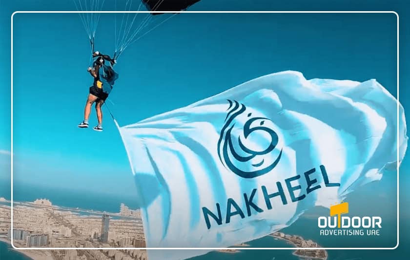 SkyDive Dubai Flag Banner Advertising, Aerial Banners under Parachutes